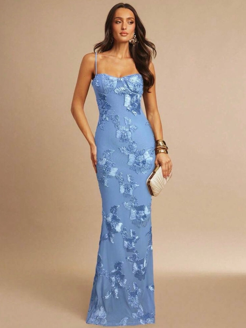 Elegant Blue Floral Sequin Maxi Dress - Women